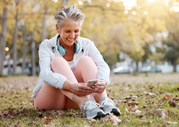 Smartphone, park and senior woman with nature wellness, mental health app and website blog post for