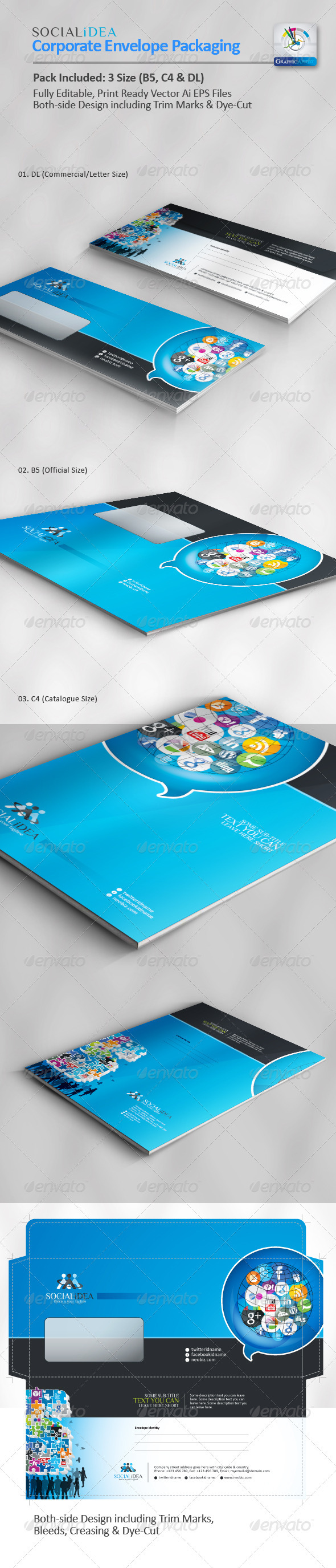 Socialidea Corporate Social Media Envelope Pack - Packaging Print Templates