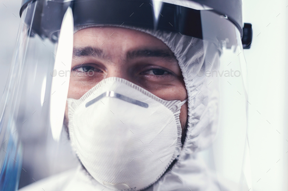 Close up of wear out medical engineer wearing face mask
