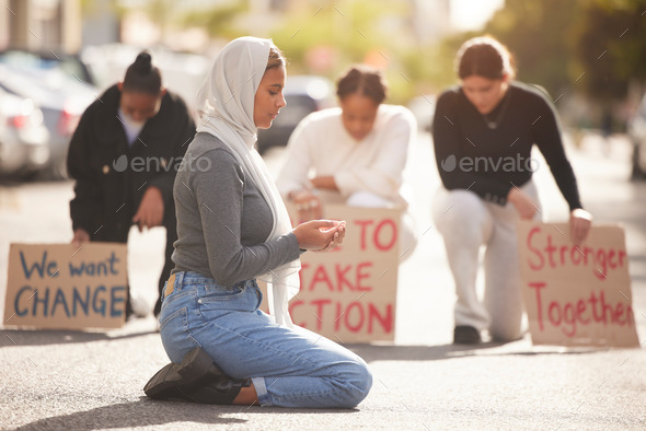 Protest, Islamic woman and pray in street, group and support for Palestine. Muslim female, girl or