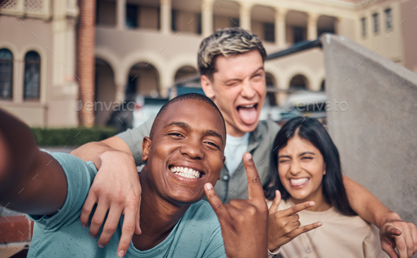 Friends selfie, smile and portrait on university campus with diversity, happy and funny face, hand