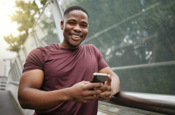 Smartphone, fitness and black man in portrait for wellness website, blog tips update or social medi