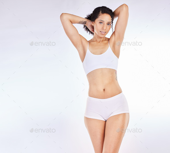 Woman, white background or body underwear in studio exercise diet