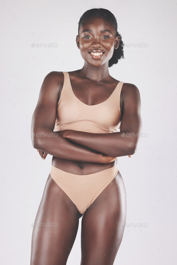 Front View of Full Body Smiling Woman with Black Underwear Stock