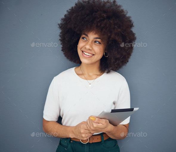 Black woman afro, tablet thinking and studio background for digital marketing on internet app. Youn