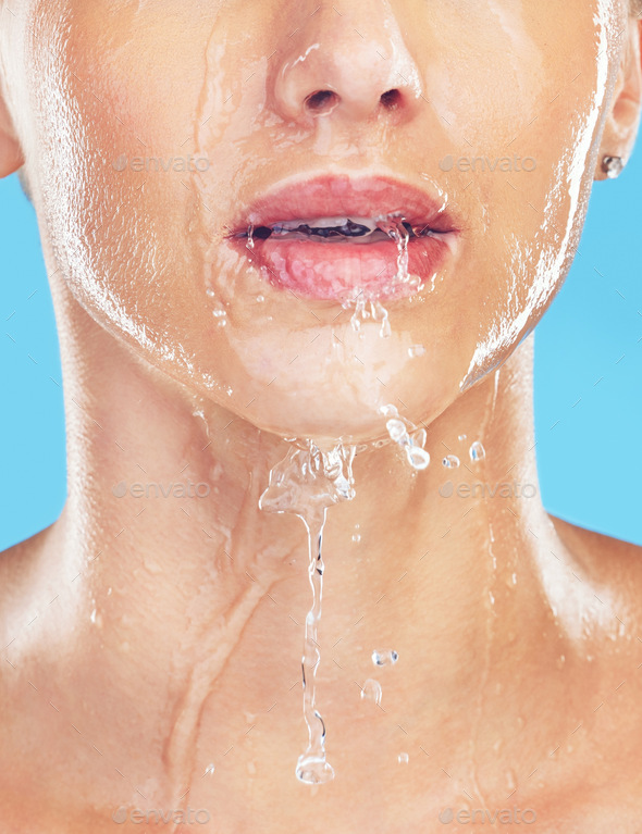 Woman in shower, water splash on mouth and skincare beauty in morning