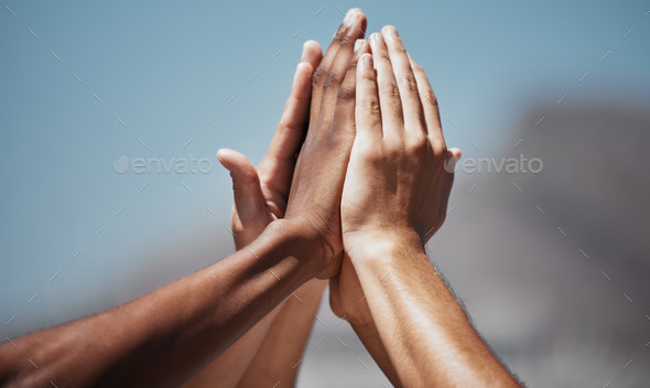 Team sports, diversity and hands doing high five in air for motivation, community and support. Team - Stock Photo - Images