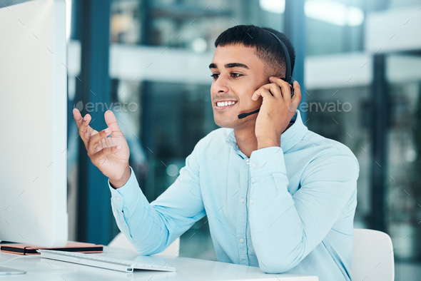 Computer, telecom communication and telemarketing consultant working on sales pitch conversation. C