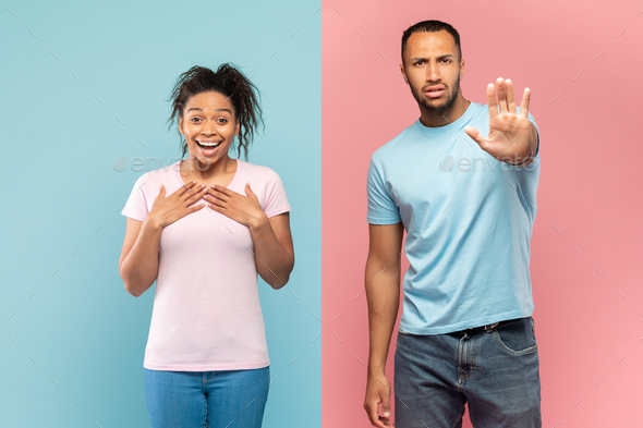 Impressed black lady feeling excited, keeping hands on chest, man making stop gesture, pink and blue