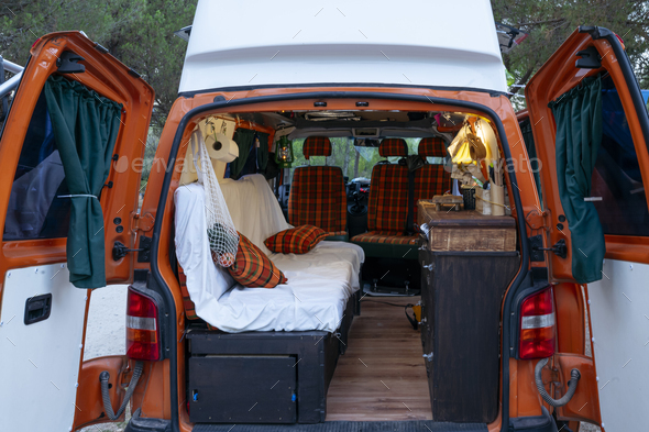 The interior of the recreational camper van. Van life concept.