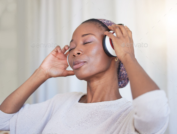 Music, headphones and black woman listening to radio sound, wellness audio podcast or gospel soundt