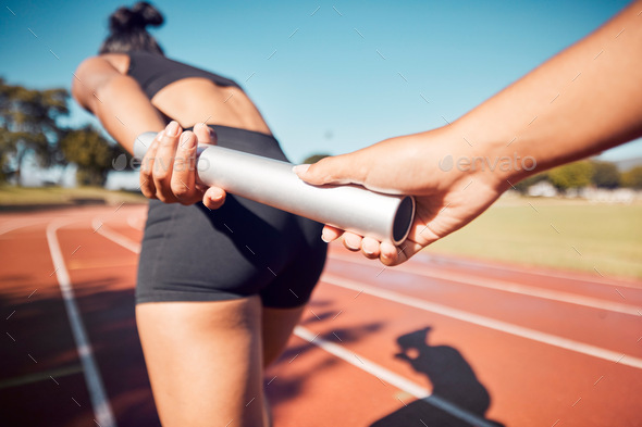 Fitness, woman and hands on baton for relay sports, training or running competition on the stadium