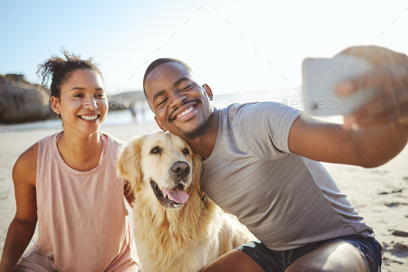 Couple, phone selfie and dog on beach for social media post, video call or memory vlog by ocean, se