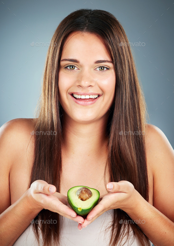Wellness, aesthetic and portrait of avocado girl for hair care, skincare or health campaign. Natura