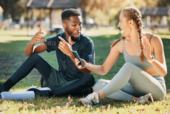 Music, phone and earphone couple in park on fitness run break rap, singing and listen together. Str