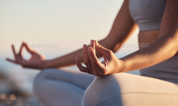 Woman, hands or lotus pose meditation on sunset beach, ocean or sea in mental health, mind training