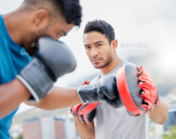 Fitness, personal trainer and boxing exercise for sports competition, training or self defense prac