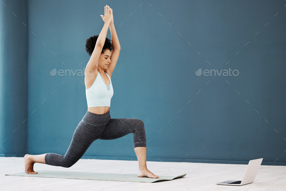 Yoga, stretching and black woman on laptop for video call, live streaming or virtual class with wel