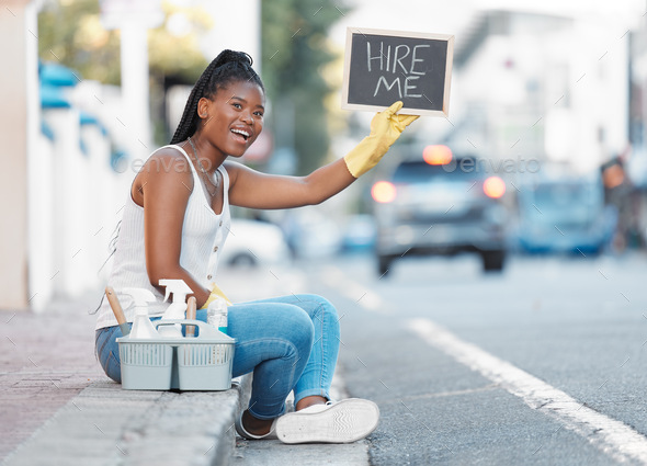 Woman, street and poster for looking for job or hiring for cleaning service, work or opportunity in