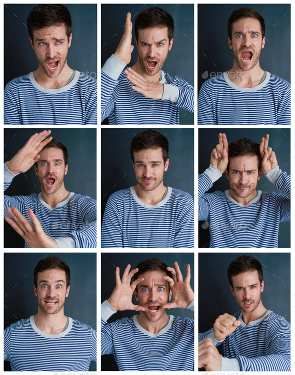 The many sides of me. Composite shot of a young man pulling funny faces in studio.