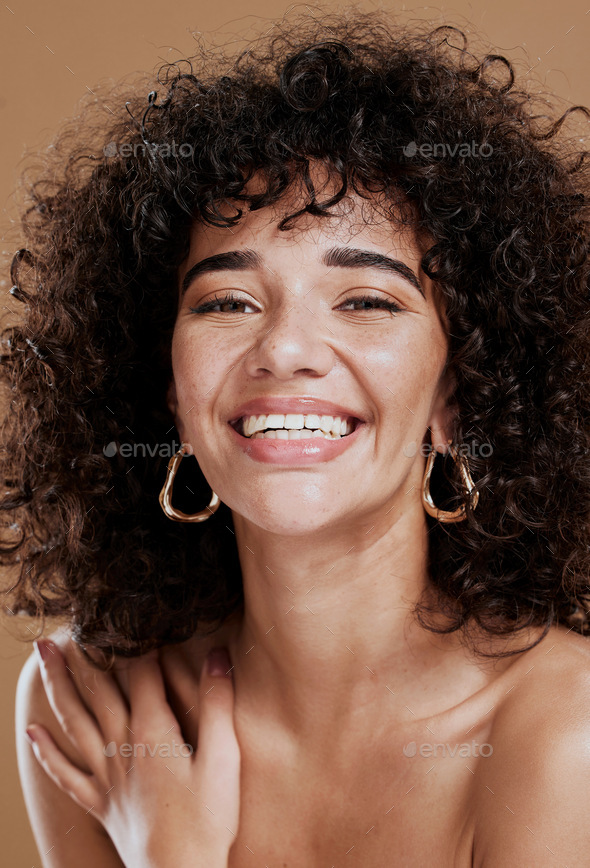 black woman, face and smile for afro beauty or natural body skincare