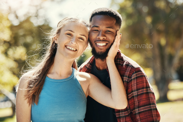 Portrait Of Interracial Couple Young People And Relax In Park Sunshine And Summer For Love 