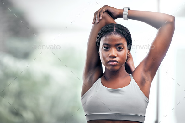 Black woman, arm or stretching in fitness, workout or training in