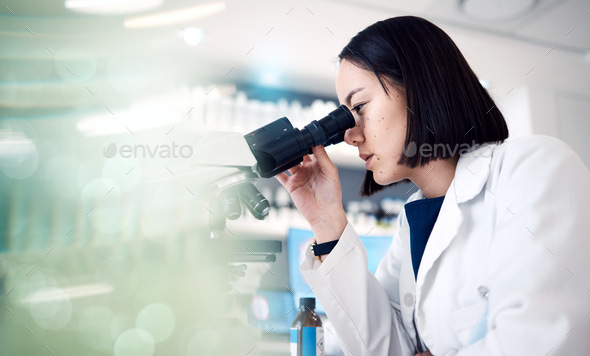 Science, microscope and woman in laboratory for research, medical innovation and test. Female scien