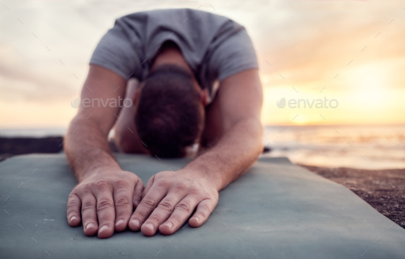 Man hands, meditation and yoga at the beach, peace and zen with spiritual healing and energy balanc