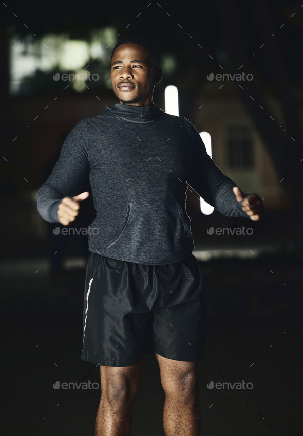 Fitness night or black man ready for running exercise cardio training or late workout in a dark c