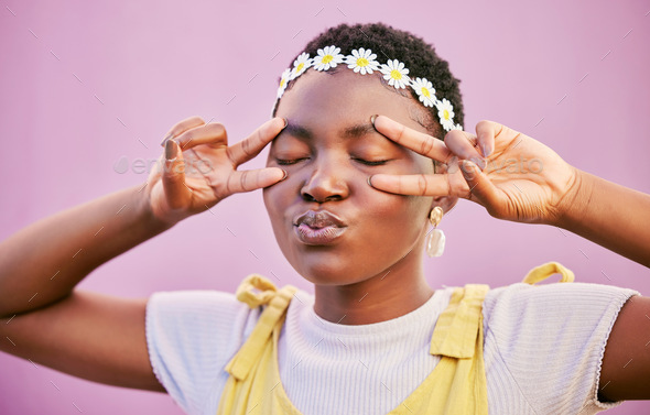 Black woman, peace fingers and eyes in studio for happiness, zen and relax with flower crown. Afric