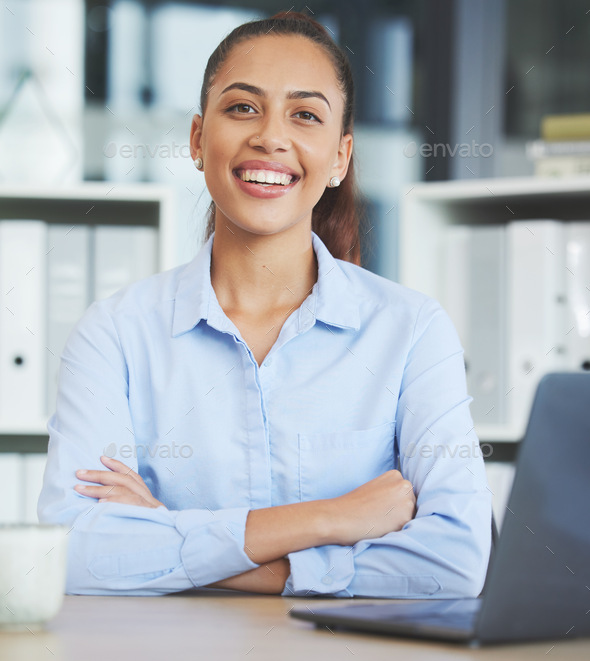 Laptop, portrait and business woman with office company success, vision for workplace development a