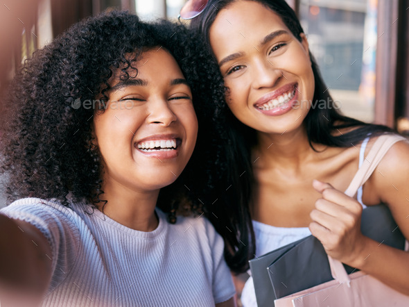 Friends, selfie and shopping date with black women, smile and happiness together with retail, sale