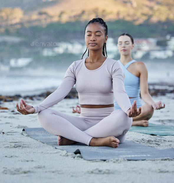 Beach meditation, diversity and yoga women meditate for chakra energy healing of soul, aura or spir