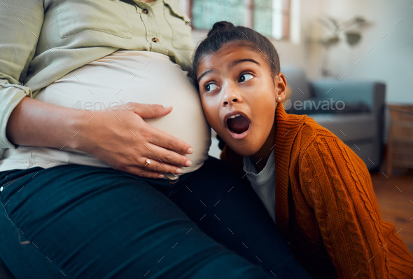 Pregnancy, family and girl with ear to pregnant belly with wow, shock and surprise expression on fa