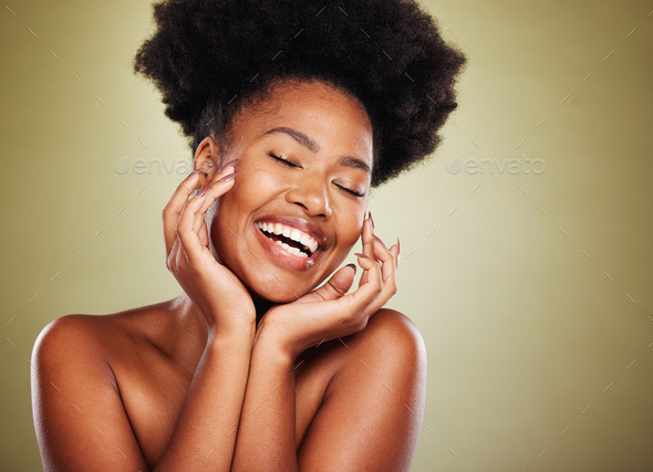 Black woman, skincare and natural beauty, makeup and aesthetics,  dermatology and cosmetics for shin