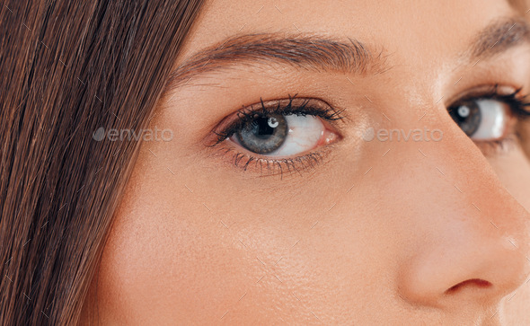 Woman, face or skincare glow and blue eyes for vision, cybersecurity innovation for retina scan ide - Stock Photo - Images