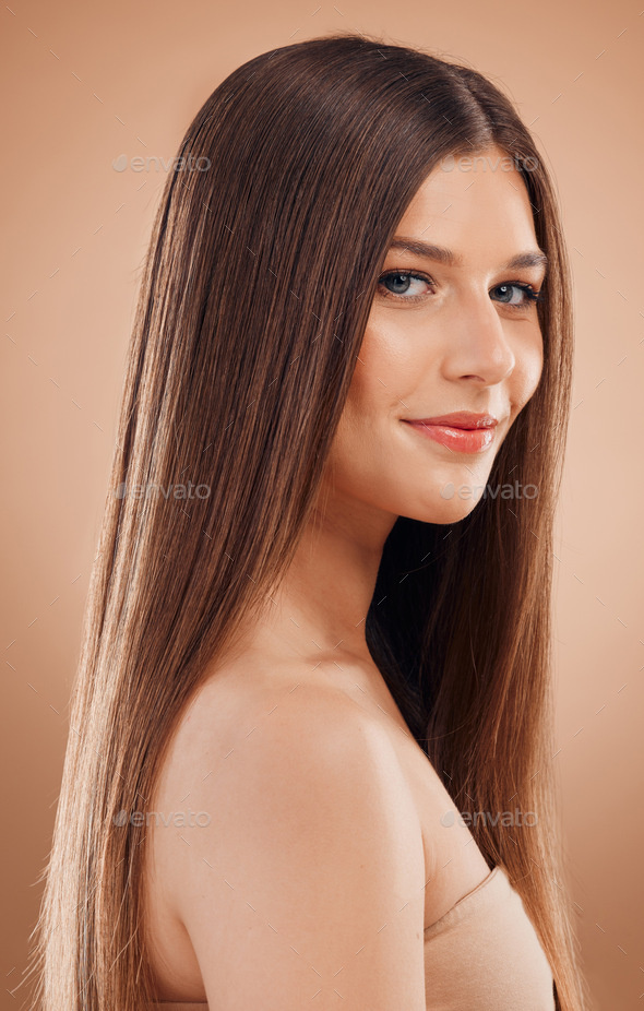 Woman, beauty and hair in studio with shine, glow and rich keratin  aesthetic, textures or color on Stock Photo by YuriArcursPeopleimages