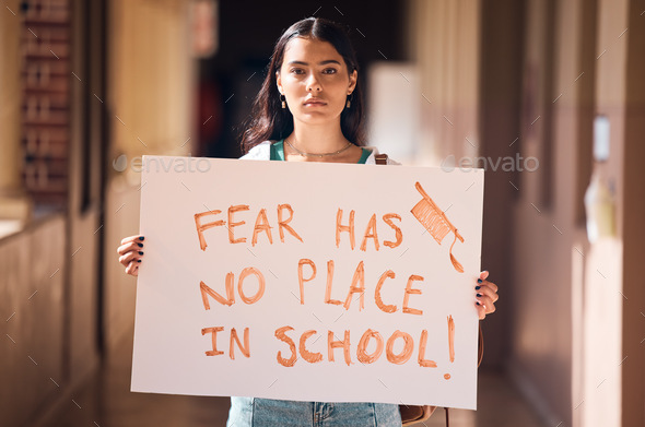 Woman, protest and poster for gun safety, stop fear in school and students freedom, government law