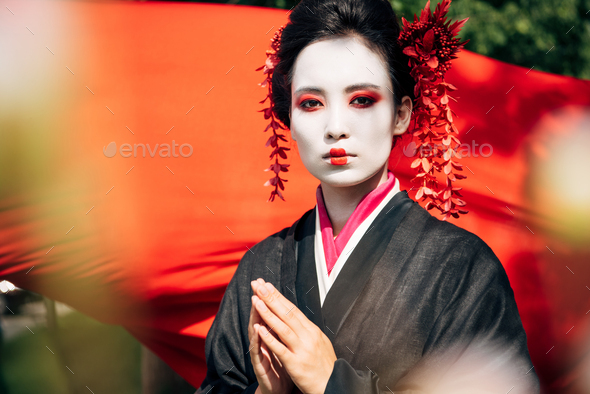 selective focus of tree branches and beautiful geisha with greeting ...