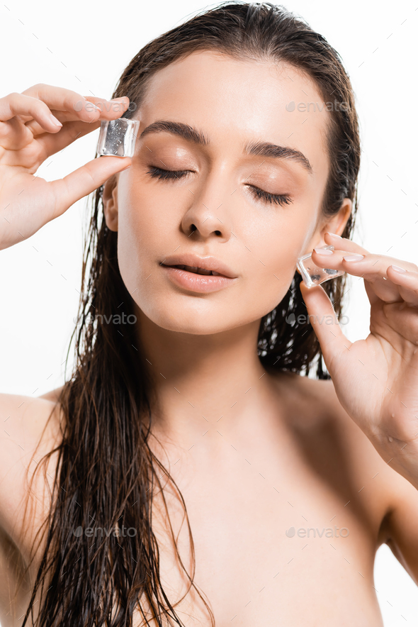 Beautiful Wet Naked Young Woman With Closed Eyes Holding Ice Cubes