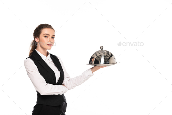 young waitress in formal wear holding dish on plate isolated on white