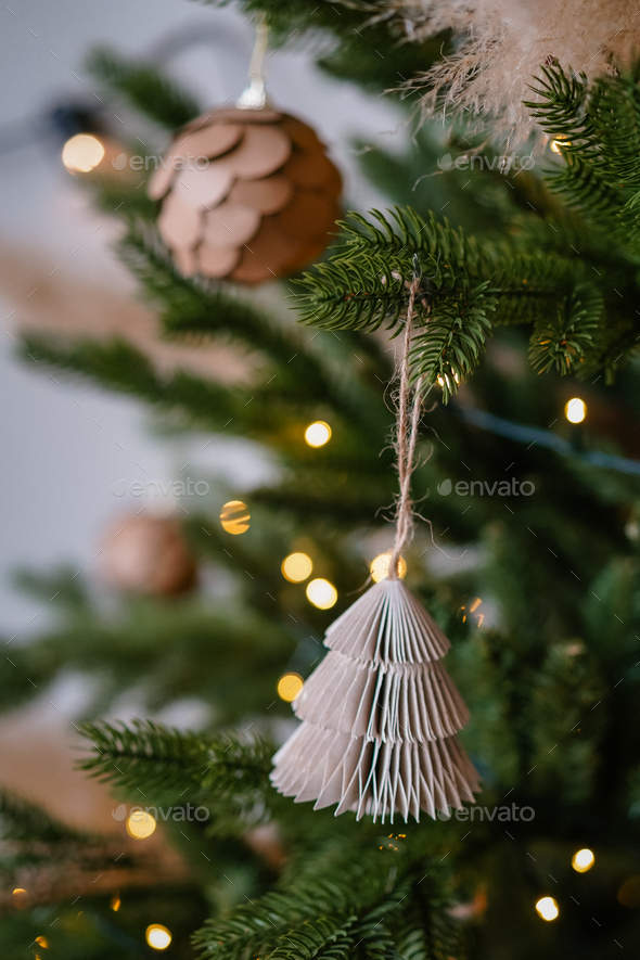 Christmas tree decorations made by hand. Christmas tree . The concept of decor for Christmas