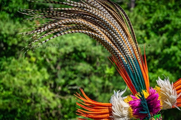 Closeup shot of the colorful feathers of a traditional Native Indian-American festive costume