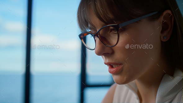 Portrait woman professional working in glasses. Focused financial director ceo