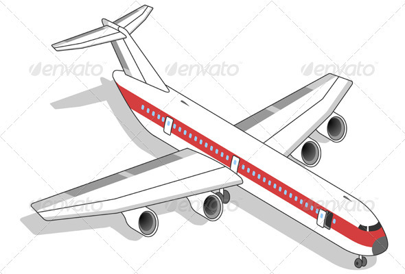 Isometric White Airplane with Red Stripe - Travel Conceptual