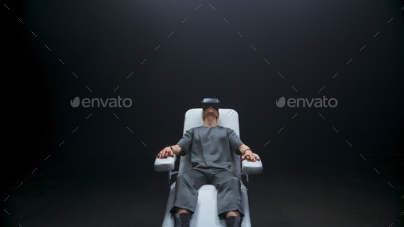 VR goggles man enjoying interactive armchair. Cyber gloves gamer relaxing