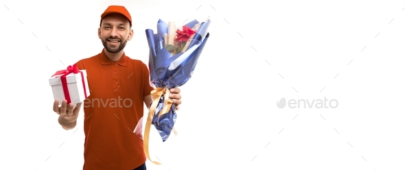 delivery courier with a bouquet of flowers and a gift in a red uniform on a white background with