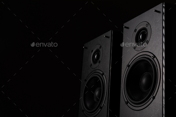professional studio monitors with high sound quality, speaker system for music lovers on a black