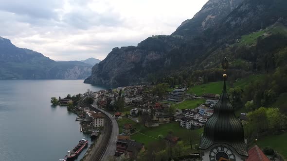 Aerial video of the Fluelen church and villiage in Switzerland. 